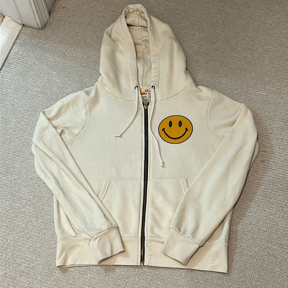 Aviator Nation Cream Zip-Up Hoodie with Yellow Smiley Patch